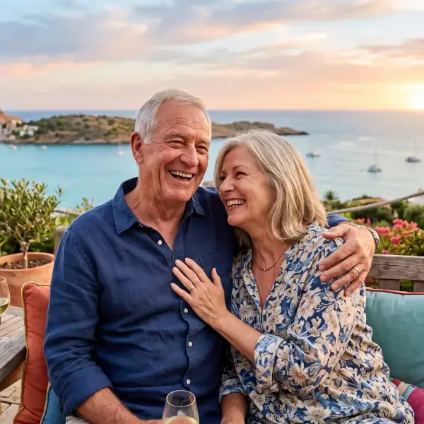 Happy retired couple smiling with ocean scene