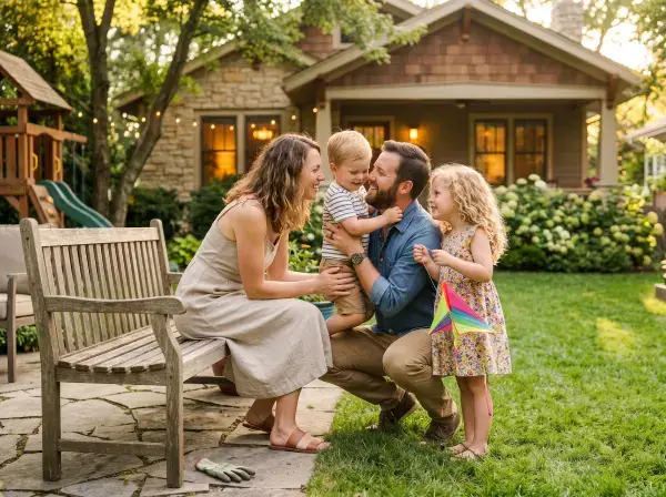 family in backyard with kids happy